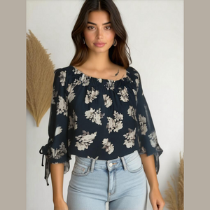Time to Be Peasant Blouse Small Black Floral